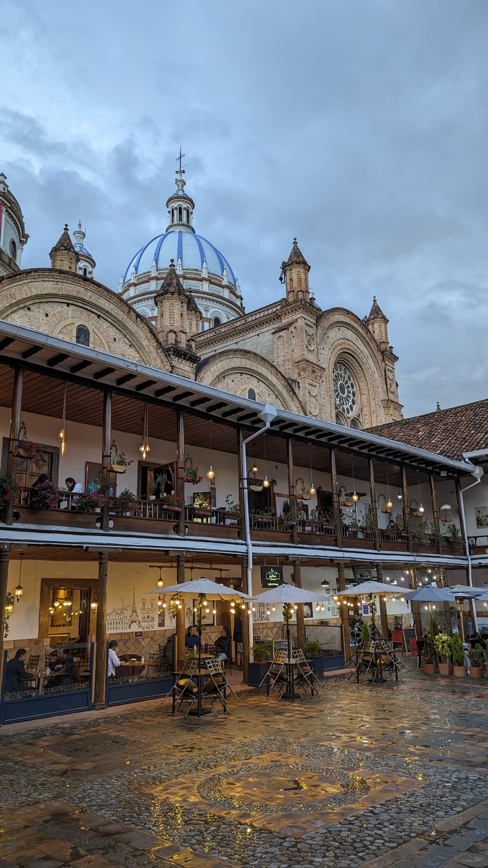 The blue-domed New Cathedral of Cuenca at dusk