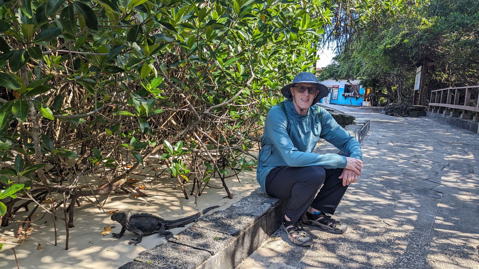 Traveler crouching near a marine iguana on the boardwalk
