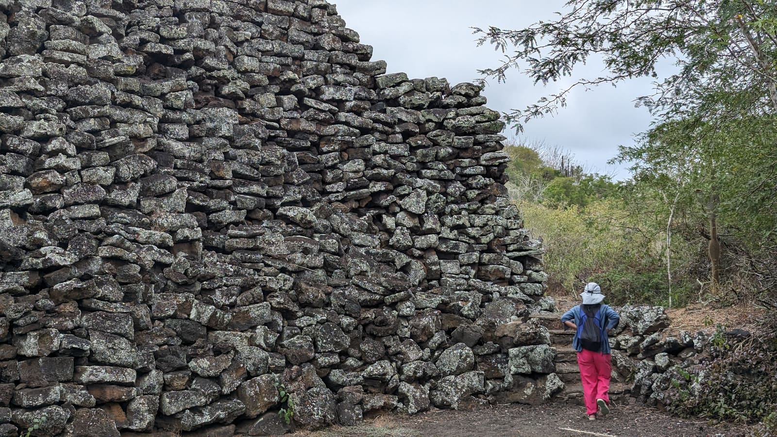 The tall stone Wall of Tears on Isabela with a visitor beside it