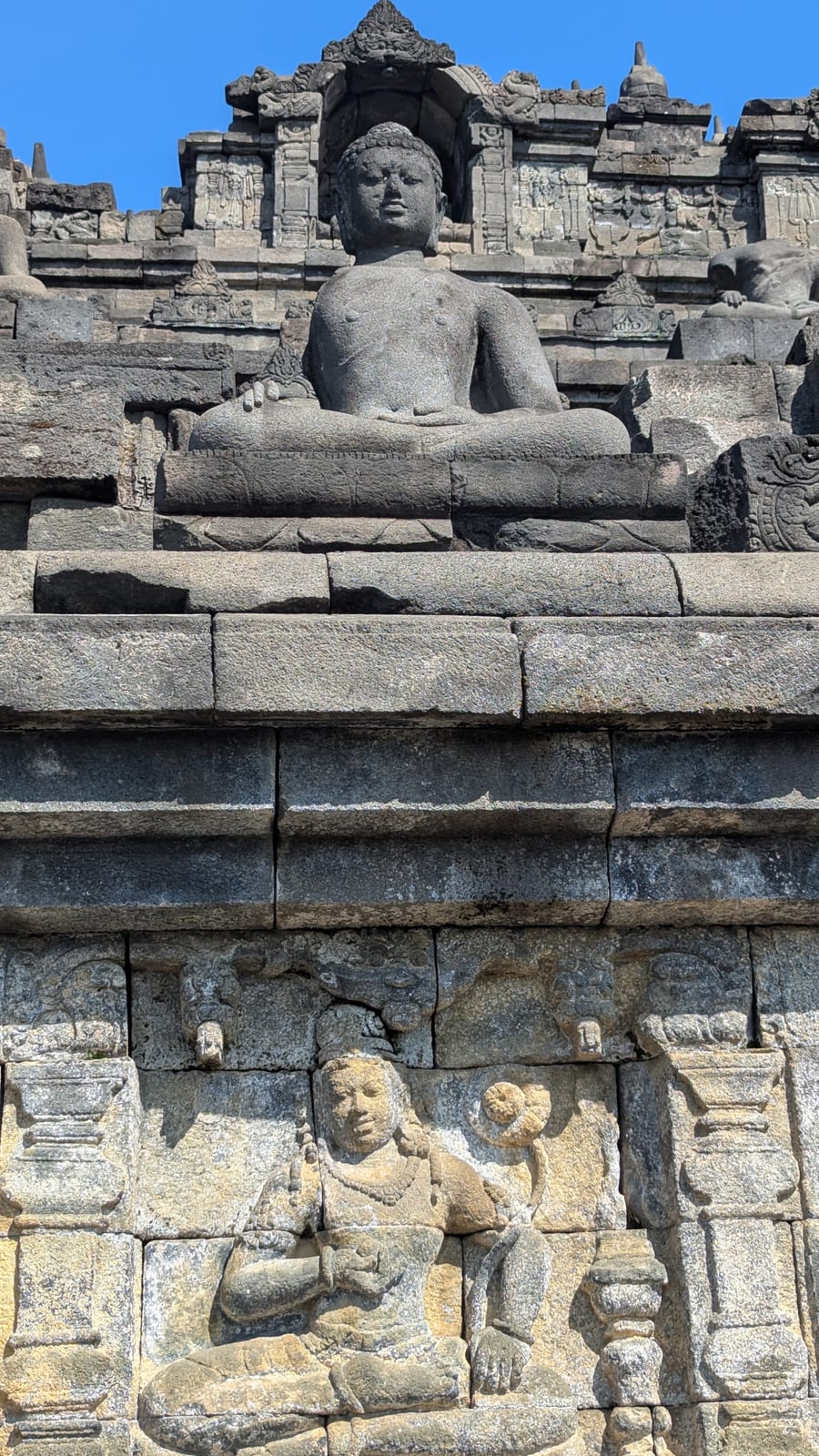 Close-up of a carved Buddha statue at Borobudur