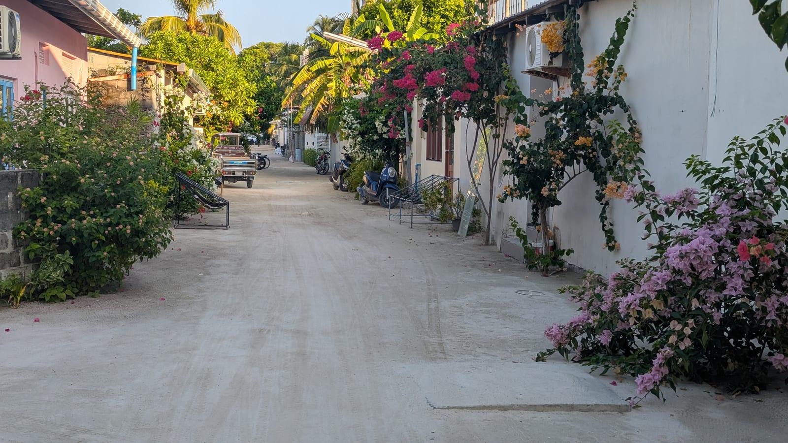 Village alley on Dhigurah with bougainvillea, mopeds, and a pickup truck