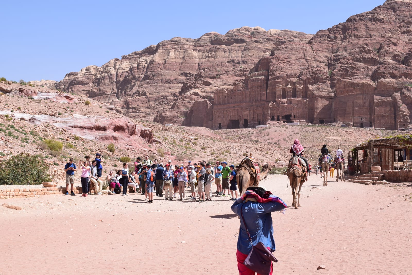 Wide view of the Monastery at Petra with visitors and camels in front