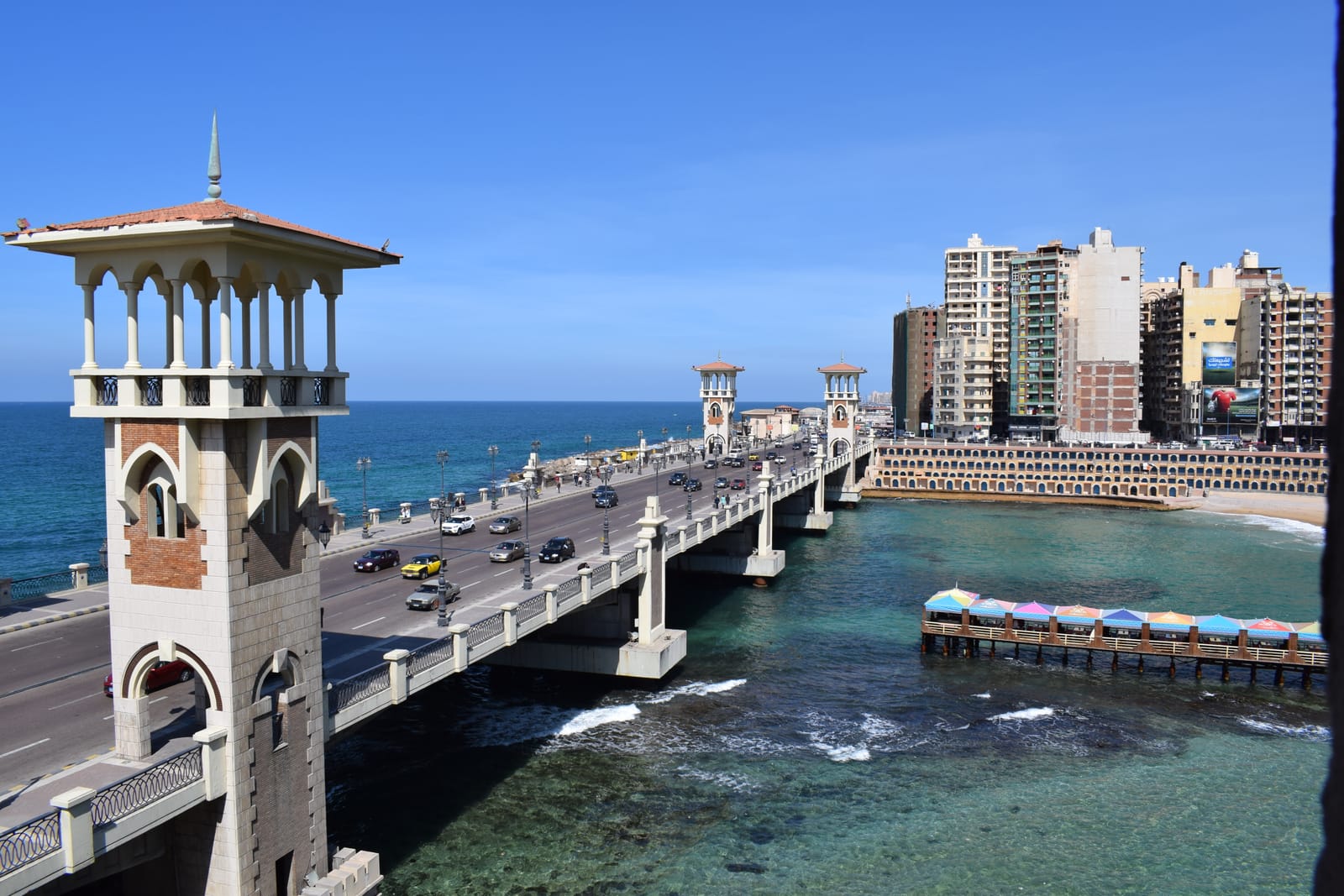 A clocktower and bridge over the water at Naama Bay, Sharm El Sheikh