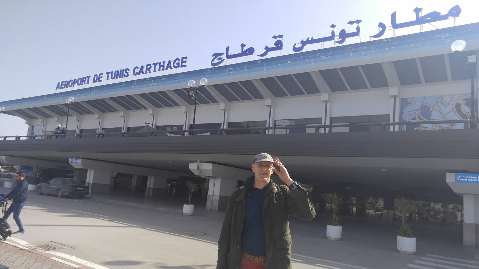 Traveler standing outside Tunis-Carthage International Airport